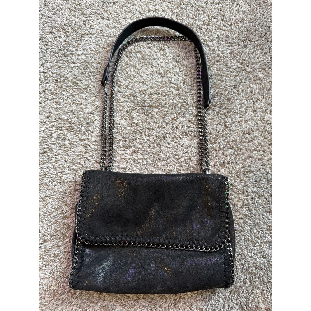 Black Iridescent Shimmer Crossbody Bag Gunmetal Chain Whipstitch Trim Shoulder